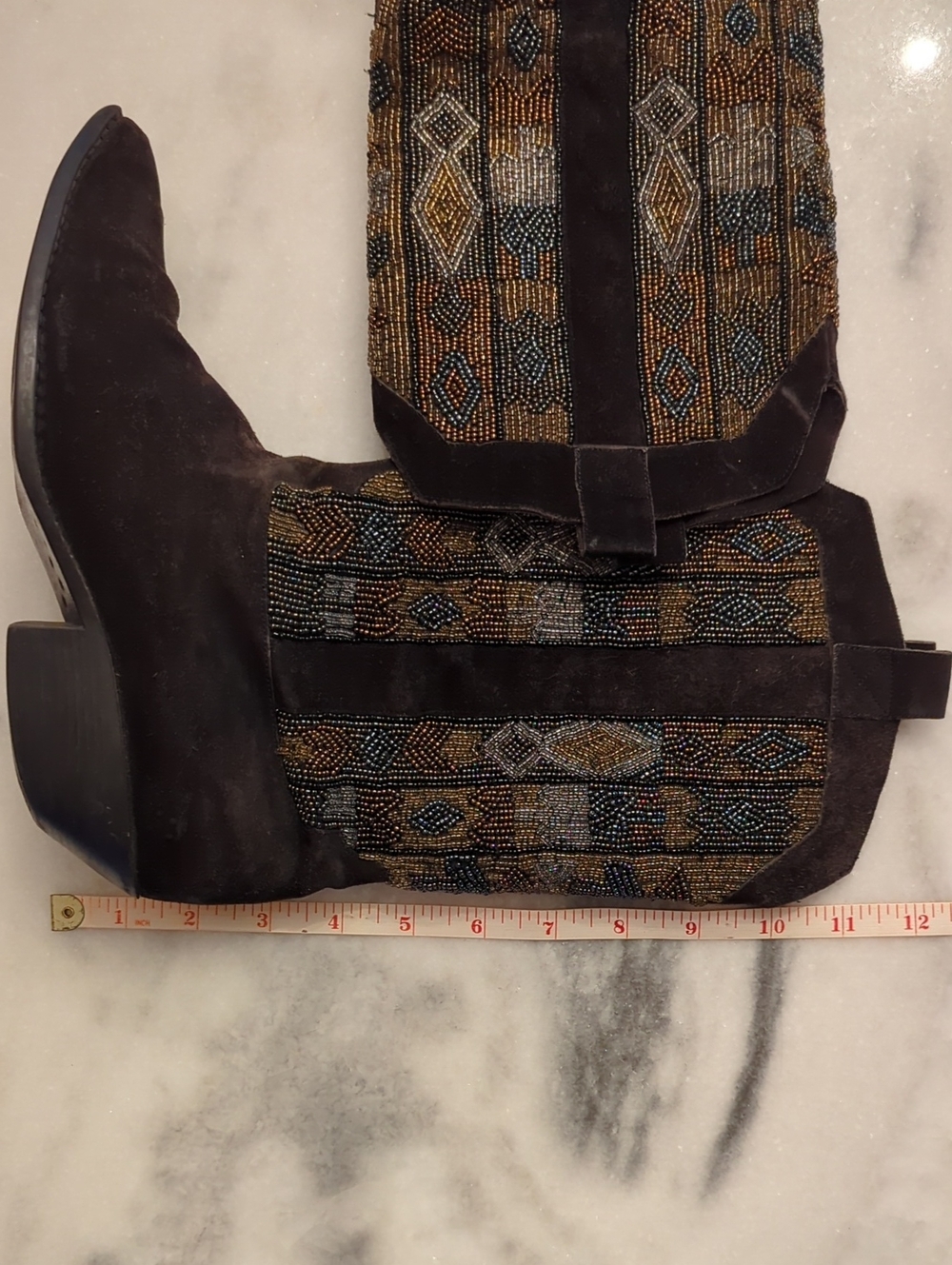 Vintage Caparros dark brown suede Western boots-intricate multi-colored Beading - Picture 8 of 9